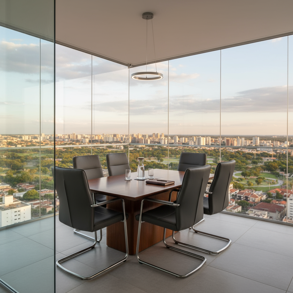 sala de reunião pequena e minimalista em um escritório de advocacia, com janelas de vidro ao fundo mostrando a cidade de Campo Grande/MS e o Parque das Nações Unidas, com cadeiras imponentes e modernas